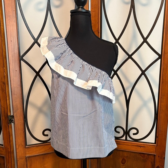 J.Crew Tops - J. Crew Factory Navy and White One-Shoulder Ruffle Blouse